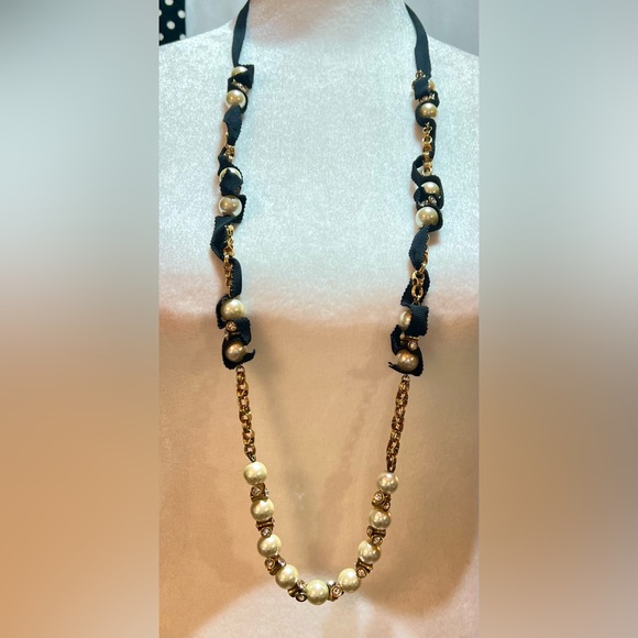 J. Crew Women's Ribbon-tied Long Pearl Crystal/Rhinestone Necklace - Picture 4 of 5